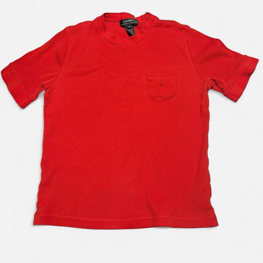 Lauren Ralph Lauren Red Ribbed Cotton Top ❤️ Short Sleeve Crewneck - Size M